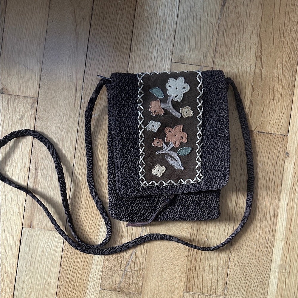Floral Embroidered Brown Crossbody Bag